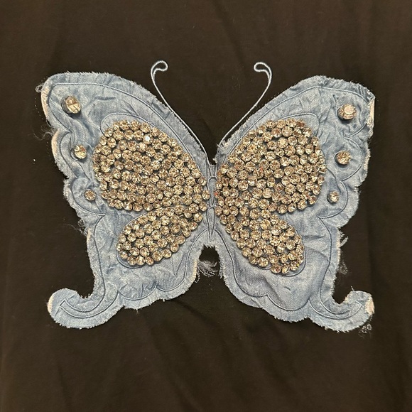 Y2K Vibes Muy Muy Denim Butterfly w/ Rhinestone Embellishments Black T Small - Picture 3 of 6